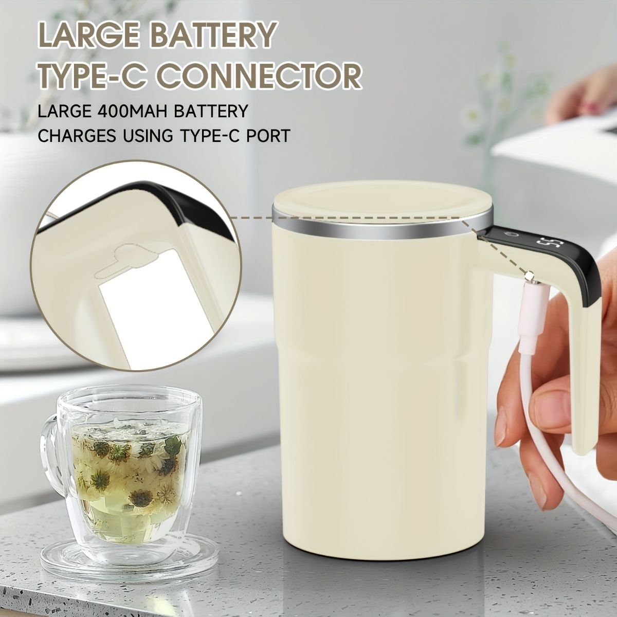Self-Stirring Coffee Mug Automatic Stir Mug LED Temperature Mug Rechargeable - White - Size 380ML - Image 8