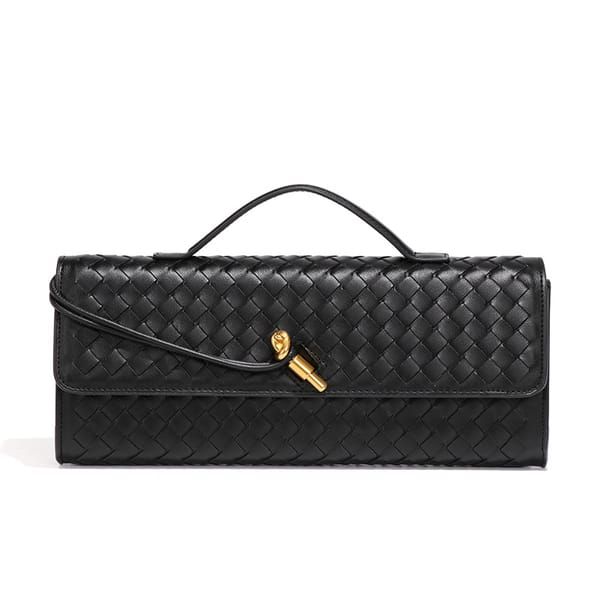 Black Woven Leather Handbag with Gold-Tone Lock - Image 1