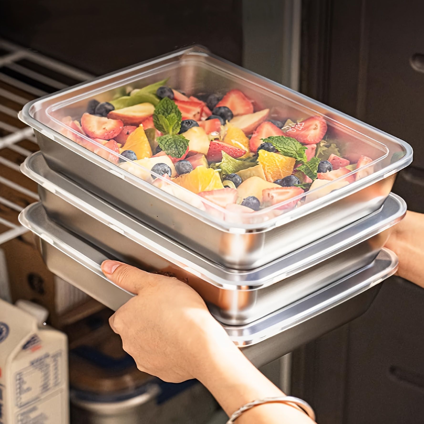 3 pieces/set Large stainless steel square food storage box with transparent lid - leak-proof, stackable, durable - perfect for camping, outdoor exploration and home use - perfect for storing meat, fruits - Image 4