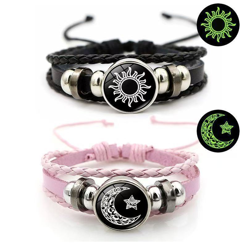 Luminous Sun and Moon Couple Bracelet - Night Light with Woven Leather Jewelry, Suitable for Couples, Adjustable Long Distance Love Gift - Image 1