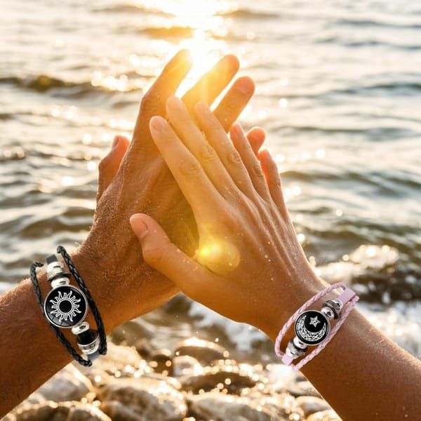 Luminous Sun and Moon Couple Bracelet - Night Light with Woven Leather Jewelry, Suitable for Couples, Adjustable Long Distance Love Gift - Image 6
