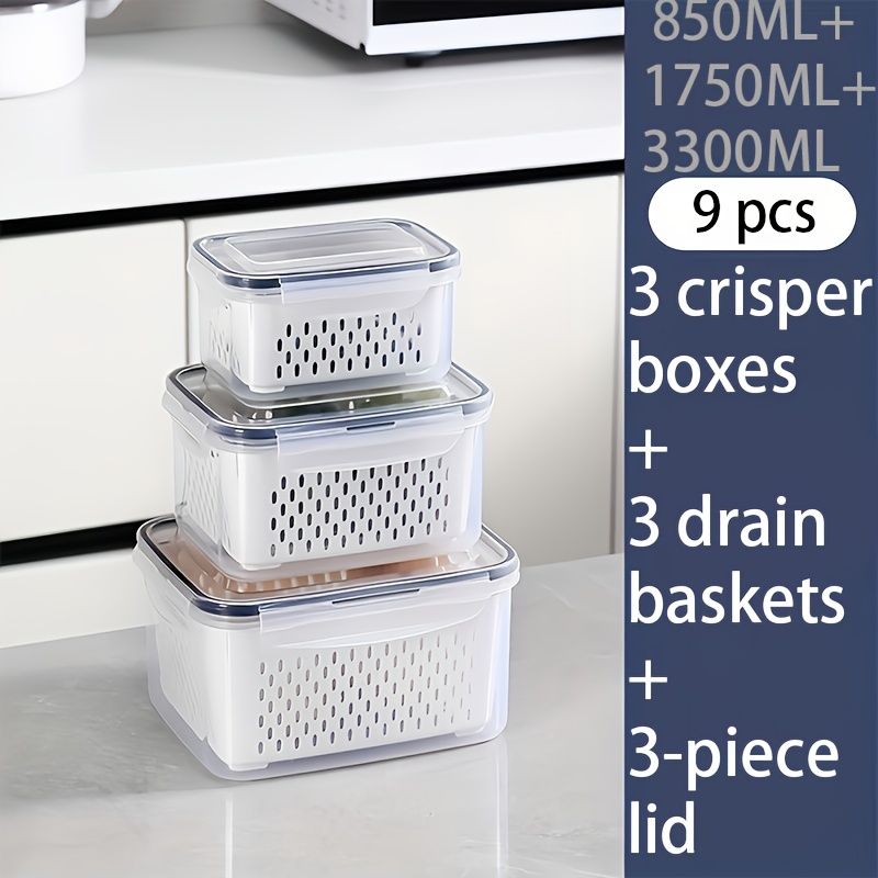 9-piece set (3 containers + 3 lids + 3 draining baskets) plastic food storage box - leak-proof, freezer-safe, reusable multi-functional kitchen storage box, suitable for fruits, vegetables and most foods - Image 2