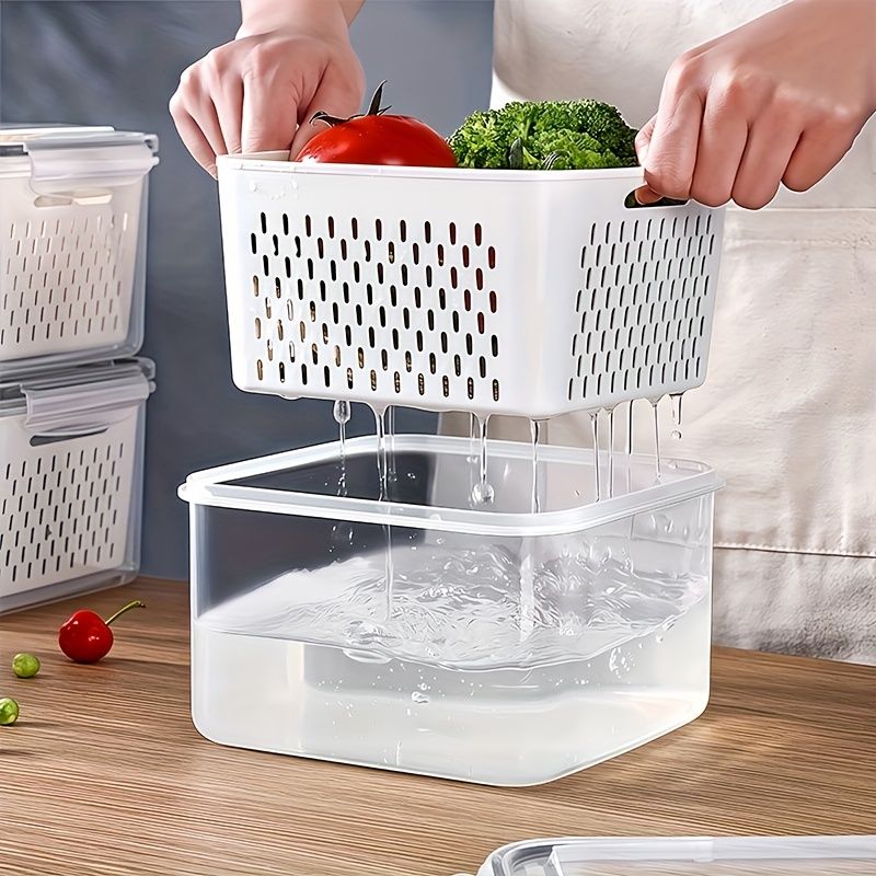 9-piece set (3 containers + 3 lids + 3 draining baskets) plastic food storage box - leak-proof, freezer-safe, reusable multi-functional kitchen storage box, suitable for fruits, vegetables and most foods - Image 3