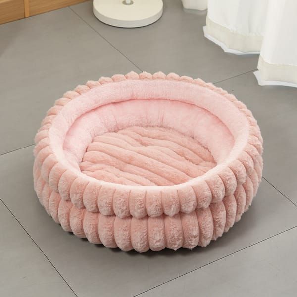 Round Plush Cat Bed, White, Soft & Comfortable for Small to Large Cats - Image 2