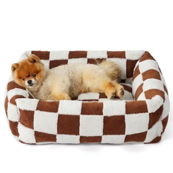 Adorable Square Furry Pet Bed 91x68x20CM with Removable Cover & 5 Bolster Pillows - Brown Checkered - Image 1