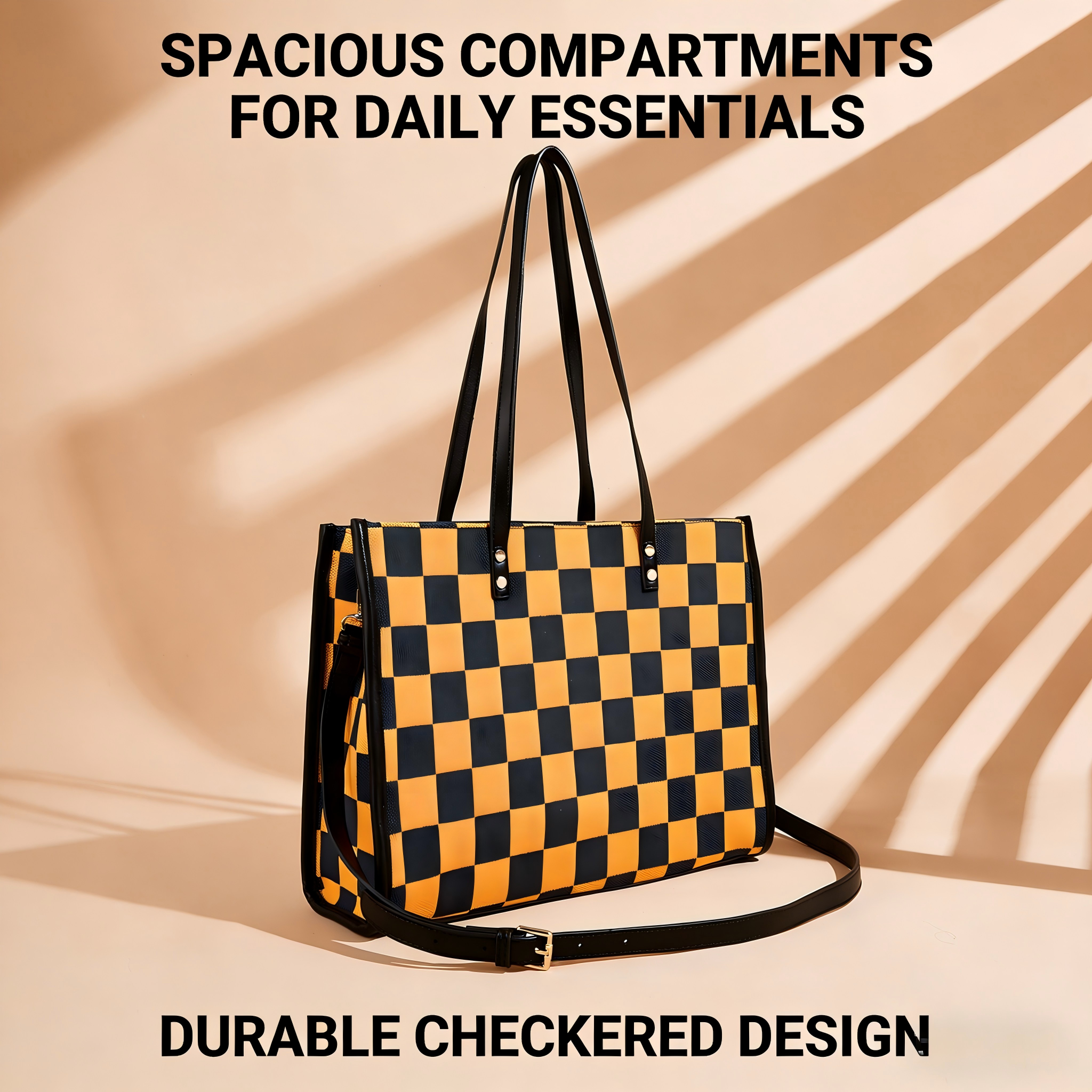 Yellow and black checkered tote bag | Go shopping/to work/on a trip, wear it in different styles - Image 1