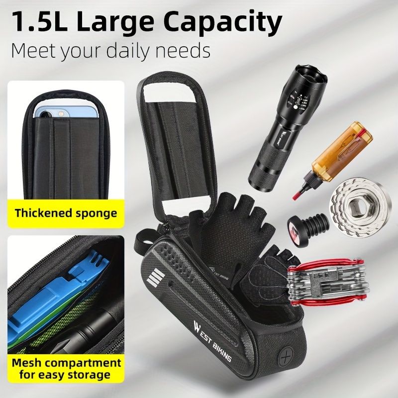 WEST BIKING Large Capacity Bike Front Handle Bag - Heavy-duty nylon and EVA structure, with zipper storage space, can accommodate 7-inch mobile phone, 7-inch tablet, tools - compatible with road bike, mountain bike, safety zipper closure - Image 3