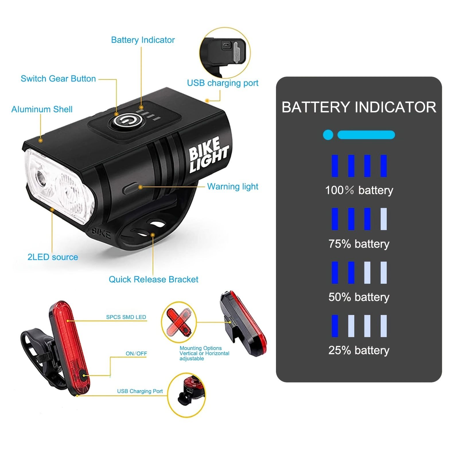 1 pack of bicycle lights | front and rear lights, 4 modes, USB charging, super bright LED night riding lights, handlebar mount, not waterproof, suitable for road/mountain bikes - Image 2