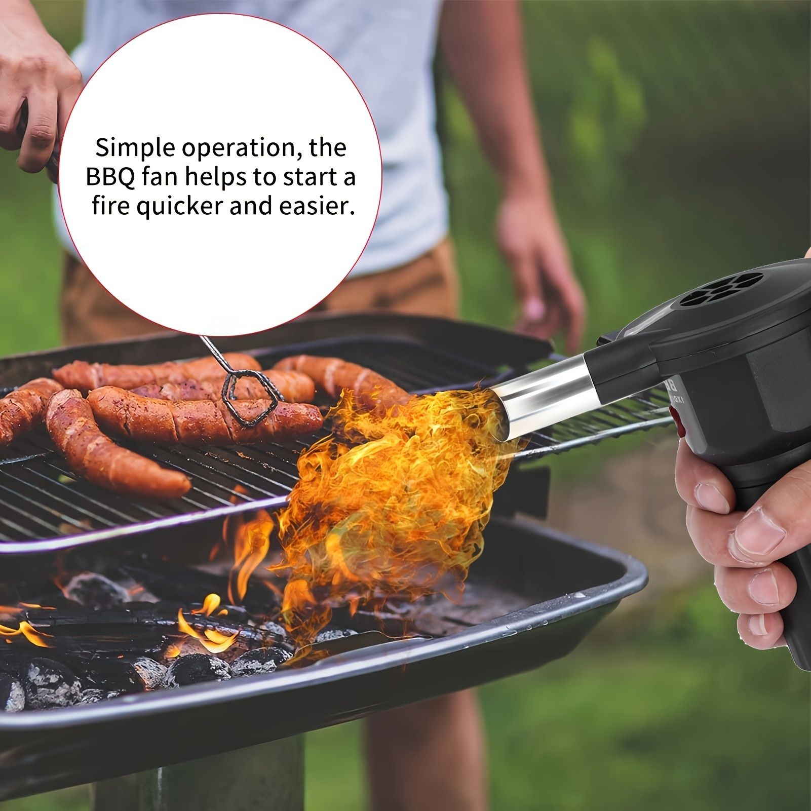 Use the portable battery-powered barbecue fan blower to enhance your outdoor cooking experience. It is ideal for camping, picnics, and charcoal grilling, ensuring efficient airflow for quick and even charcoal ignition. - Image 6