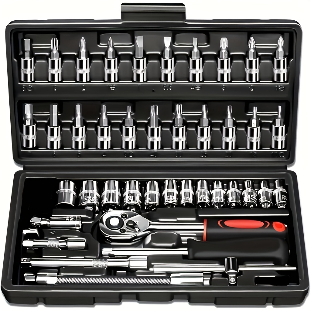 Basic automotive repair manual tool set, including a set of mechanical tools, including ratchet handle, extension pole, universal joint, slider, SAE and metric sockets, hex wrench, and plastic toolbox, excluding batteries. Uncharged manual tool set - Image 1