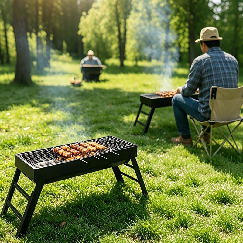 Portable foldable barbecue grill with adjustable height and built-in side rack - heavy-duty metal outdoor barbecue grill, suitable for backyard, camping, picnic - compact storage design with external barbecue cover, durable paint surface, suitable for out - Image 1