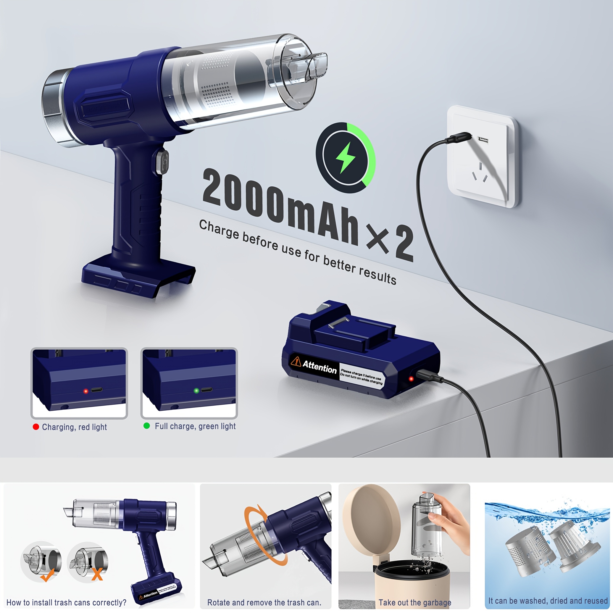 New upgraded wireless handheld car vacuum cleaner, rechargeable, 10000 Pa super strong suction power, two 2000mAh long-lasting batteries, washable dual filter, low noise, suitable for cars and homes, portable and durable car vacuum cleaner Car vacuum clea - Image 4
