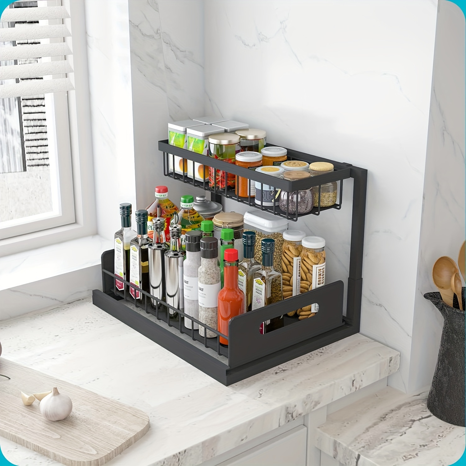 Kitchen sink storage box, pull-out cabinet storage box 2-layer sliding sink rack cabinet storage rack, kitchen bathroom cabinet sink drain storage pull-out frame - Image 1