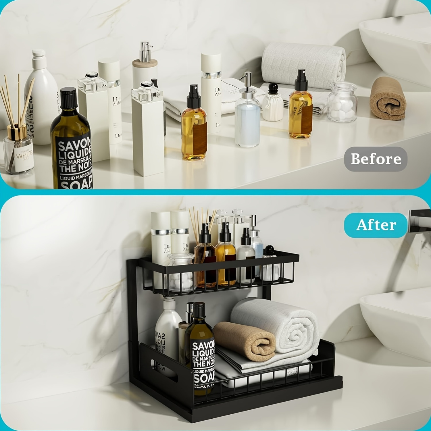 Kitchen sink storage box, pull-out cabinet storage box 2-layer sliding sink rack cabinet storage rack, kitchen bathroom cabinet sink drain storage pull-out frame - Image 4
