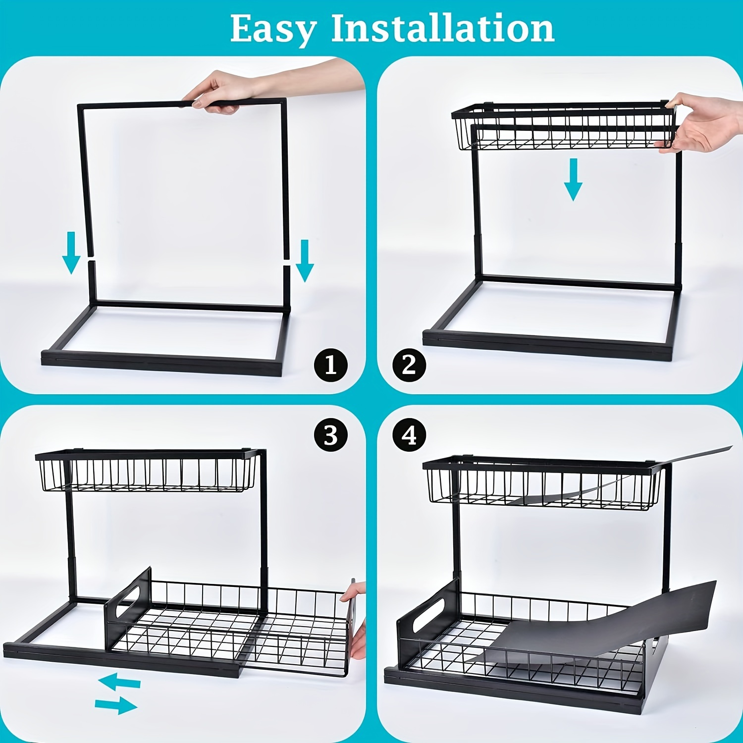 Kitchen sink storage box, pull-out cabinet storage box 2-layer sliding sink rack cabinet storage rack, kitchen bathroom cabinet sink drain storage pull-out frame - Image 6