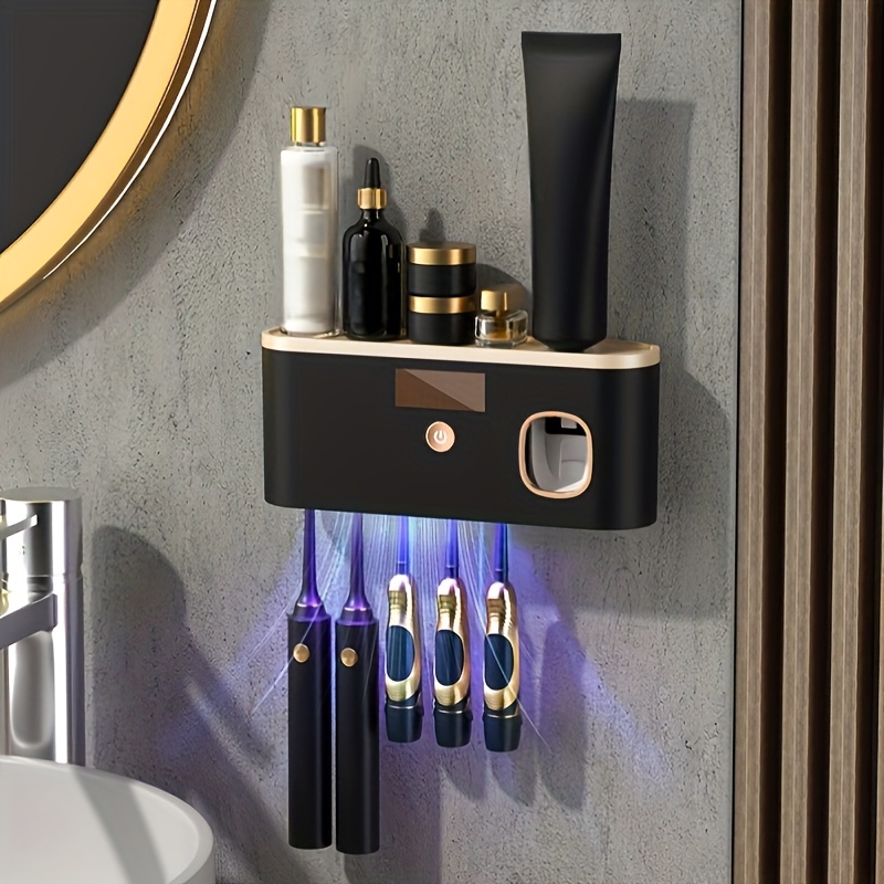 1 Black Gold Smart Toothbrush Organizer, Bathroom Toothbrush Placement and Organization, Automatic Toothpaste Dispenser - Wall Mount, 5-Slot Storage, Durable Plastic, USB Rechargeable Lithium Battery, Modern Bathroom Organization and Home Decor - Image 1