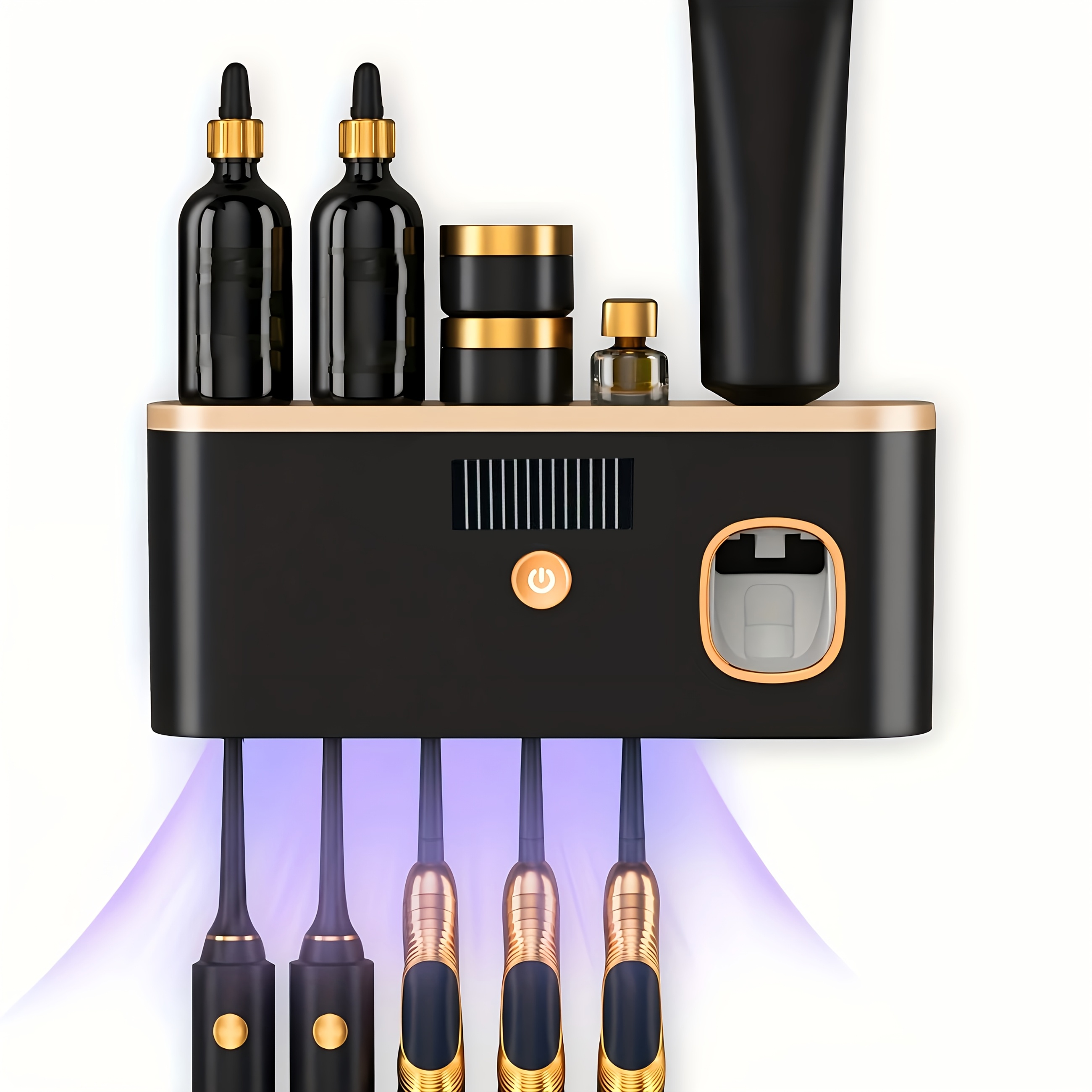 1 Black Gold Smart Toothbrush Organizer, Bathroom Toothbrush Placement and Organization, Automatic Toothpaste Dispenser - Wall Mount, 5-Slot Storage, Durable Plastic, USB Rechargeable Lithium Battery, Modern Bathroom Organization and Home Decor - Image 3