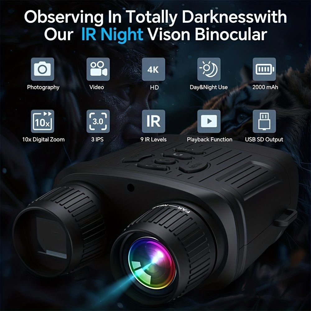 36 megapixel 4K night vision binoculars with infrared function, 7.62 cm high-definition screen, 10x magnification, infrared digital night vision camera can achieve 100% observation in complete darkness, suitable for hunting, farm monitoring, wildlife obse - Image 3