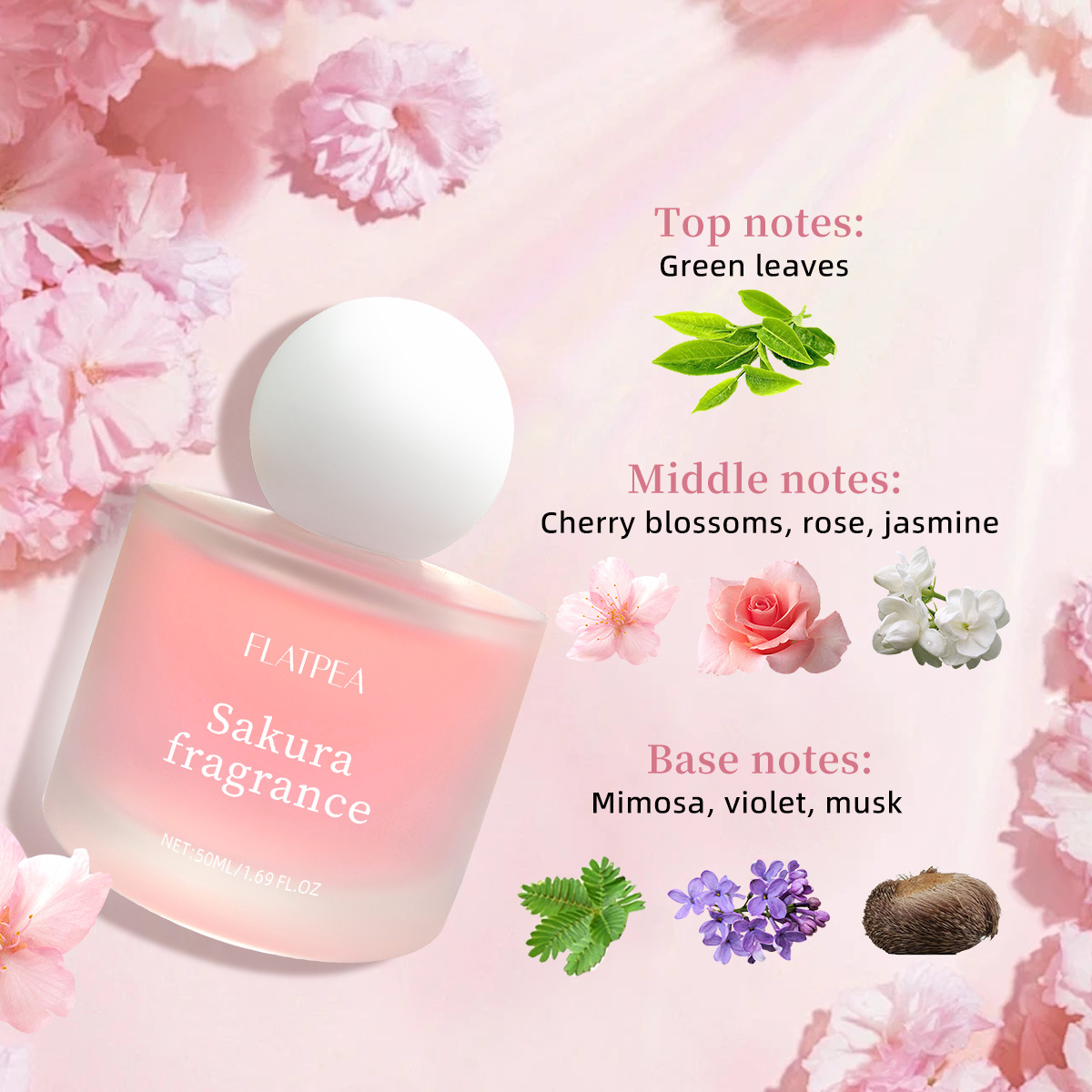 Hot-selling Cherry Blossom Women's Perfume Spray Natural Freshness Long-lasting Fragrance No Alcohol 50ml - Image 2