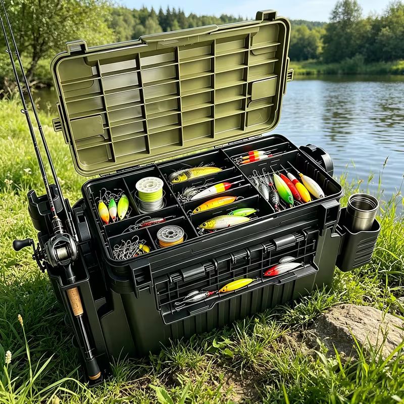 Double-layer multi-function outdoor storage fishing box, can be used as a stool, convenient storage of various fishing lines, bait, live fish. - Image 4