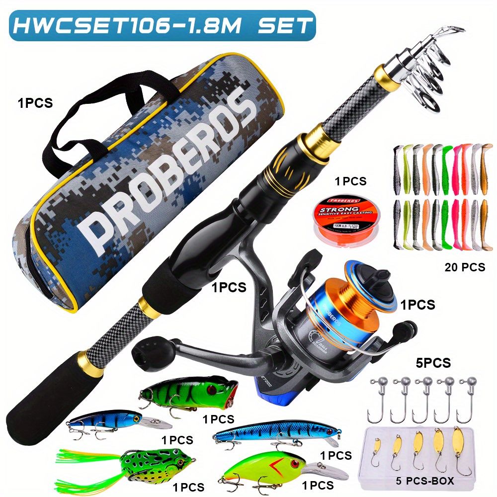 Proberus fishing rod reel set, including spinning reel, 1.8-meter fishing rod, fishing line, artificial bait, lead weight hook, complete set with storage bag - Image 1