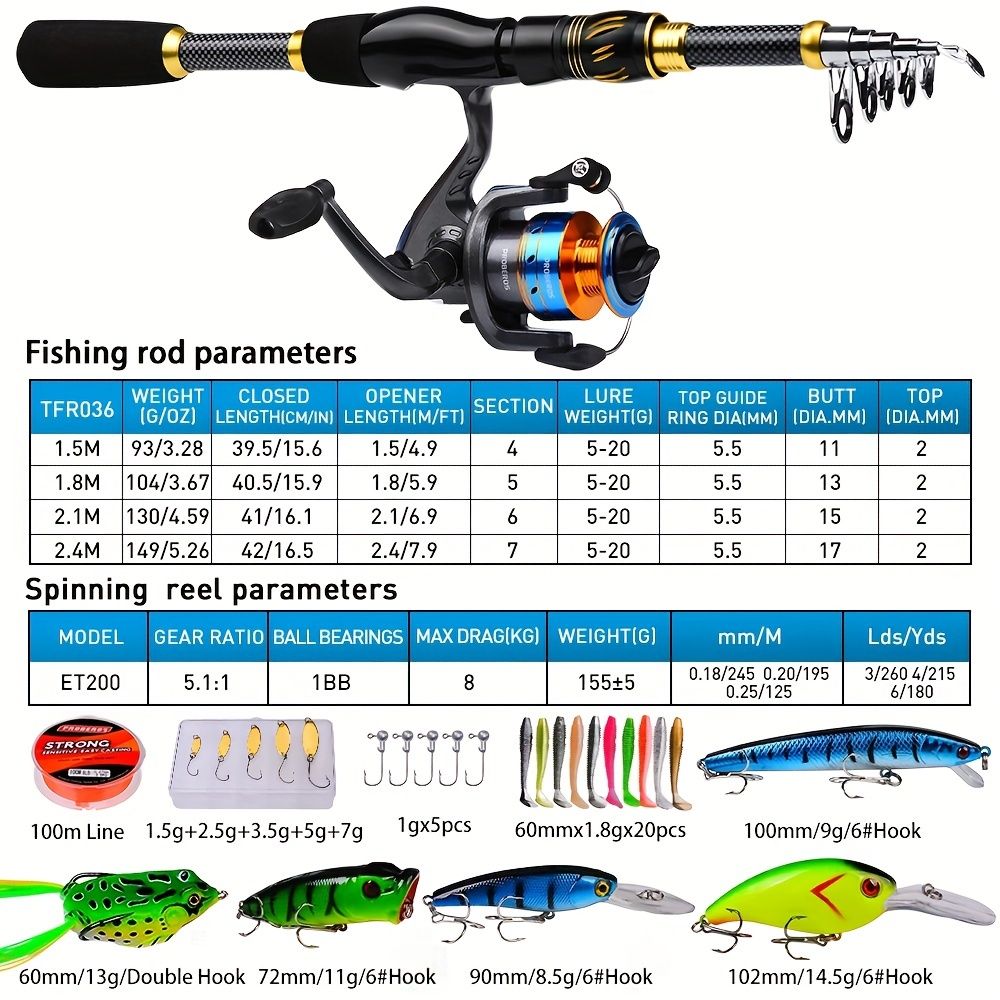 Proberus fishing rod reel set, including spinning reel, 1.8-meter fishing rod, fishing line, artificial bait, lead weight hook, complete set with storage bag - Image 2
