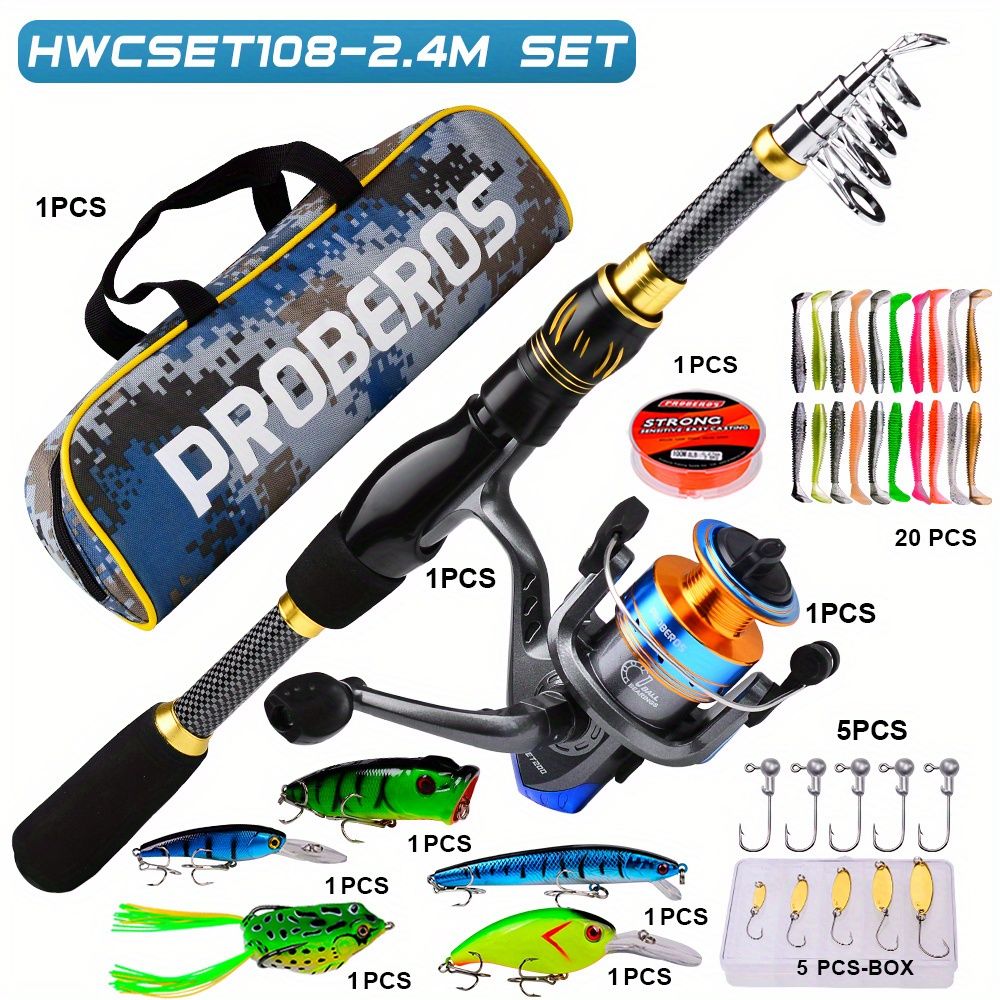Proberus fishing rod reel set, including spinning reel, 2.4-meter fishing rod, fishing line, artificial bait, lead weight hook, complete set with storage bag - Image 1
