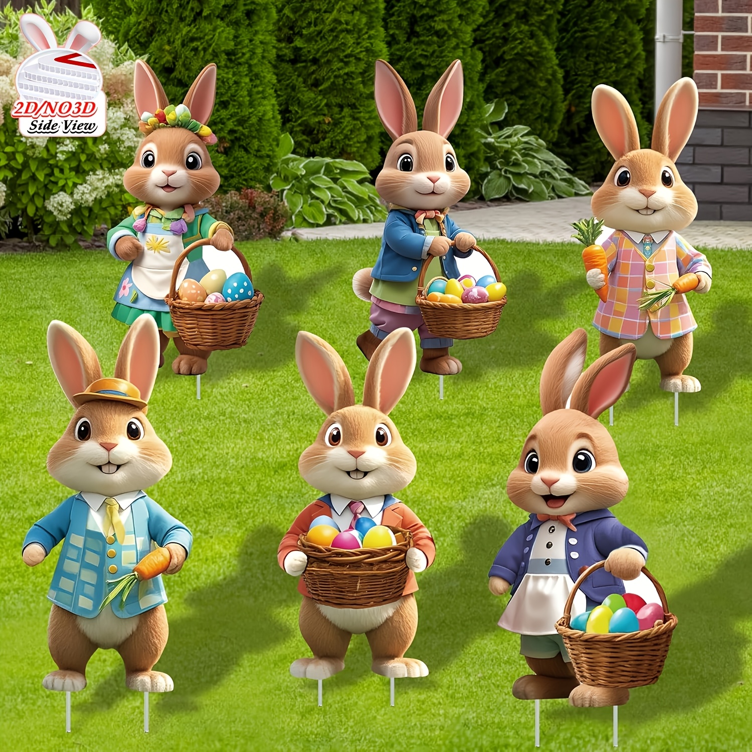2DFlat, 8pcs Easter Gentleman Rabbit Group Decoration, exquisite shape holding egg basket / carrot rabbit, fashionable dress design outdoor waterproof easy to install props, spring courtyard atmosphere Gentleman Rabbit Group Plaque Decoration - Image 1