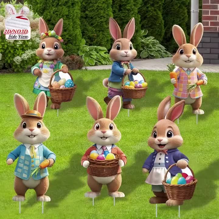 2DFlat, 8pcs Easter Gentleman Rabbit Group Decoration, exquisite shape holding egg basket / carrot rabbit, fashionable dress design outdoor waterproof easy to install props, spring courtyard atmosphere Gentleman Rabbit Group Plaque Decoration - Image 4