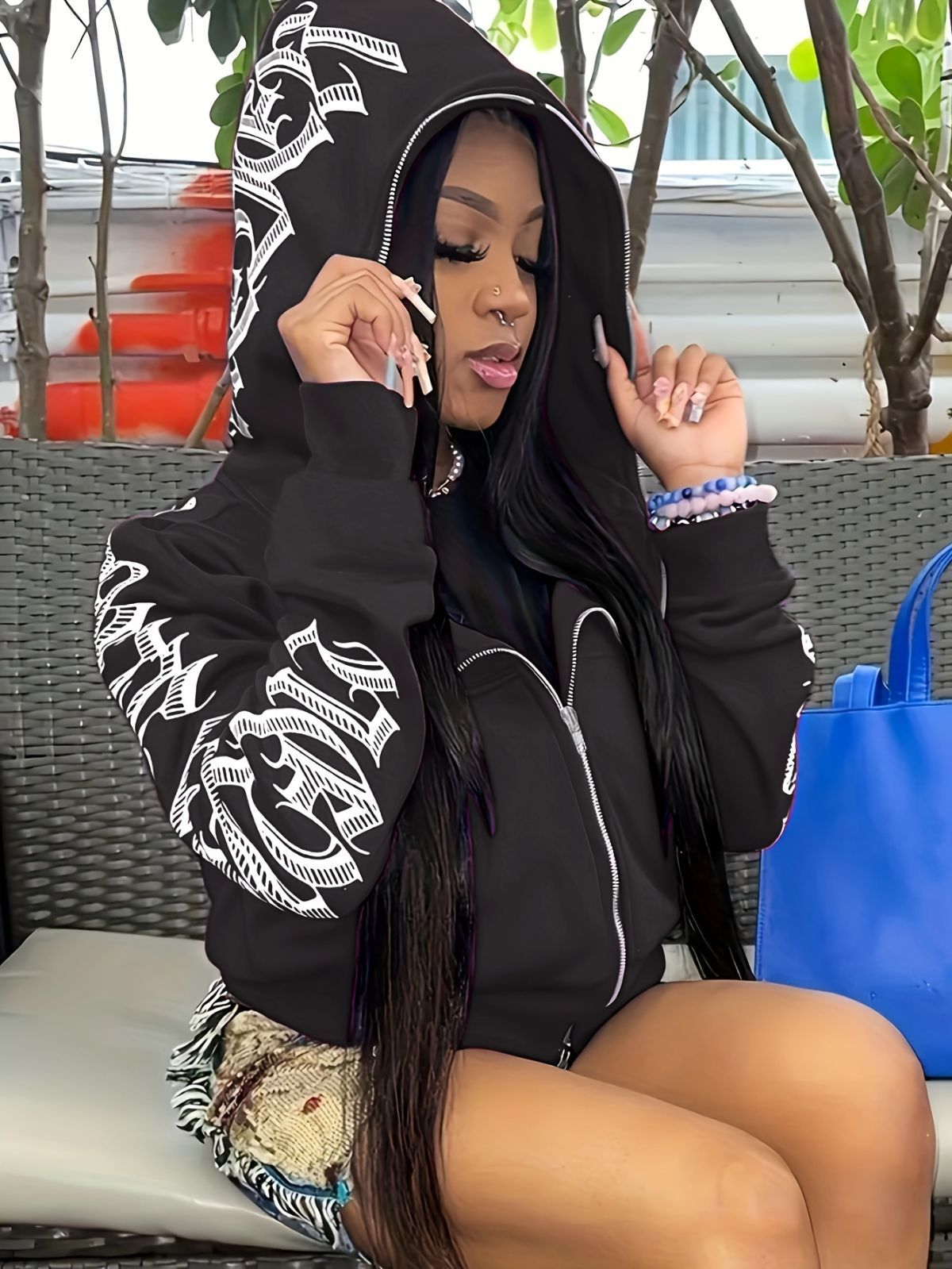 Y2k Hoodie Gothic Streetwear Women'S Zip-Up Jacket Letter Print Hoodie - Blue - Size XL(AU XL/EU52) - Image 6