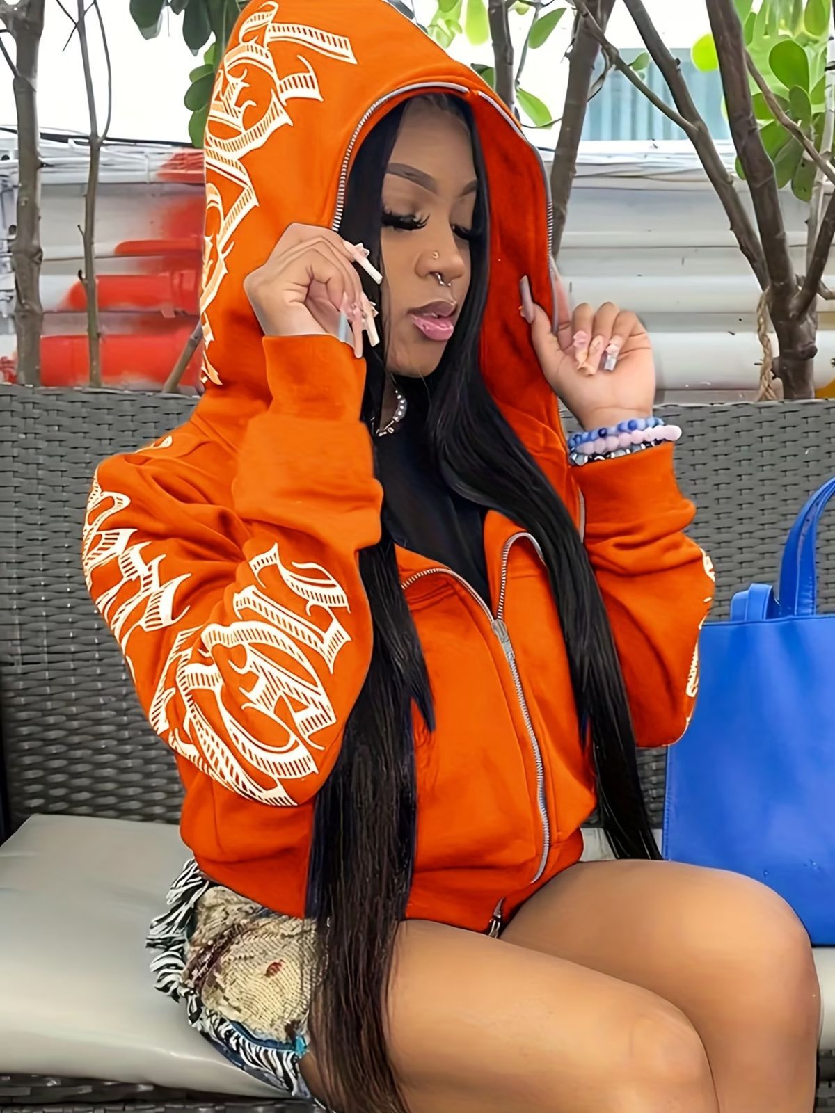 Y2k Hoodie Gothic Streetwear Women'S Zip-Up Jacket Letter Print Hoodie - Tangerine - Size L(AU L/EU50) - Image 1