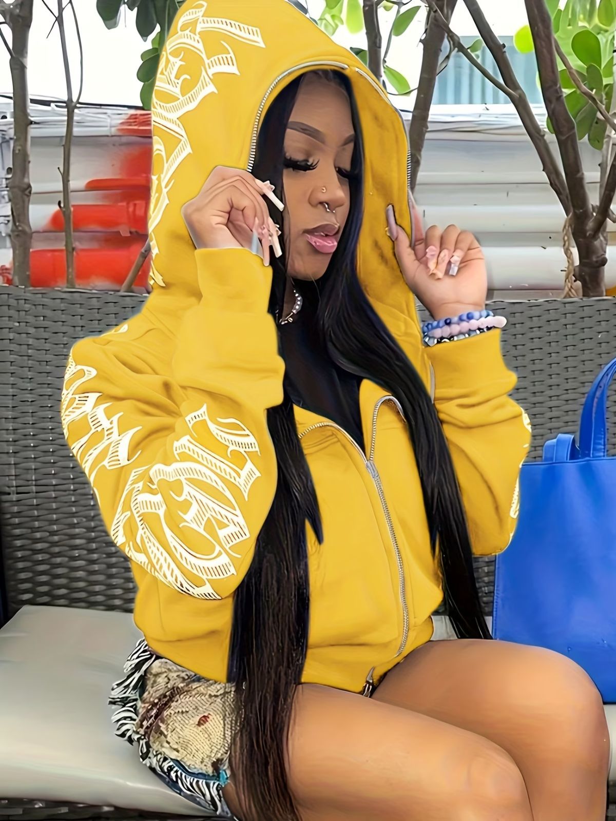 Y2k Hoodie Gothic Streetwear Women'S Zip-Up Jacket Letter Print Hoodie - Yellow - Size XL(AU XL/EU52) - Image 1