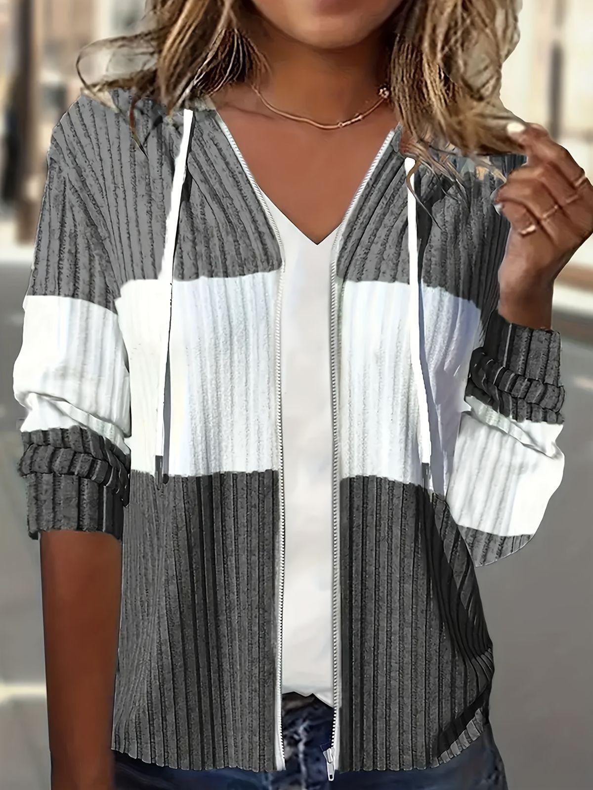 Women'S Hooded Jacket Two-Tone Jacket Drawstring Jacket Casual Jacket Australia - Gray - Size 2XL(AU 2XL/EU54) - Image 1