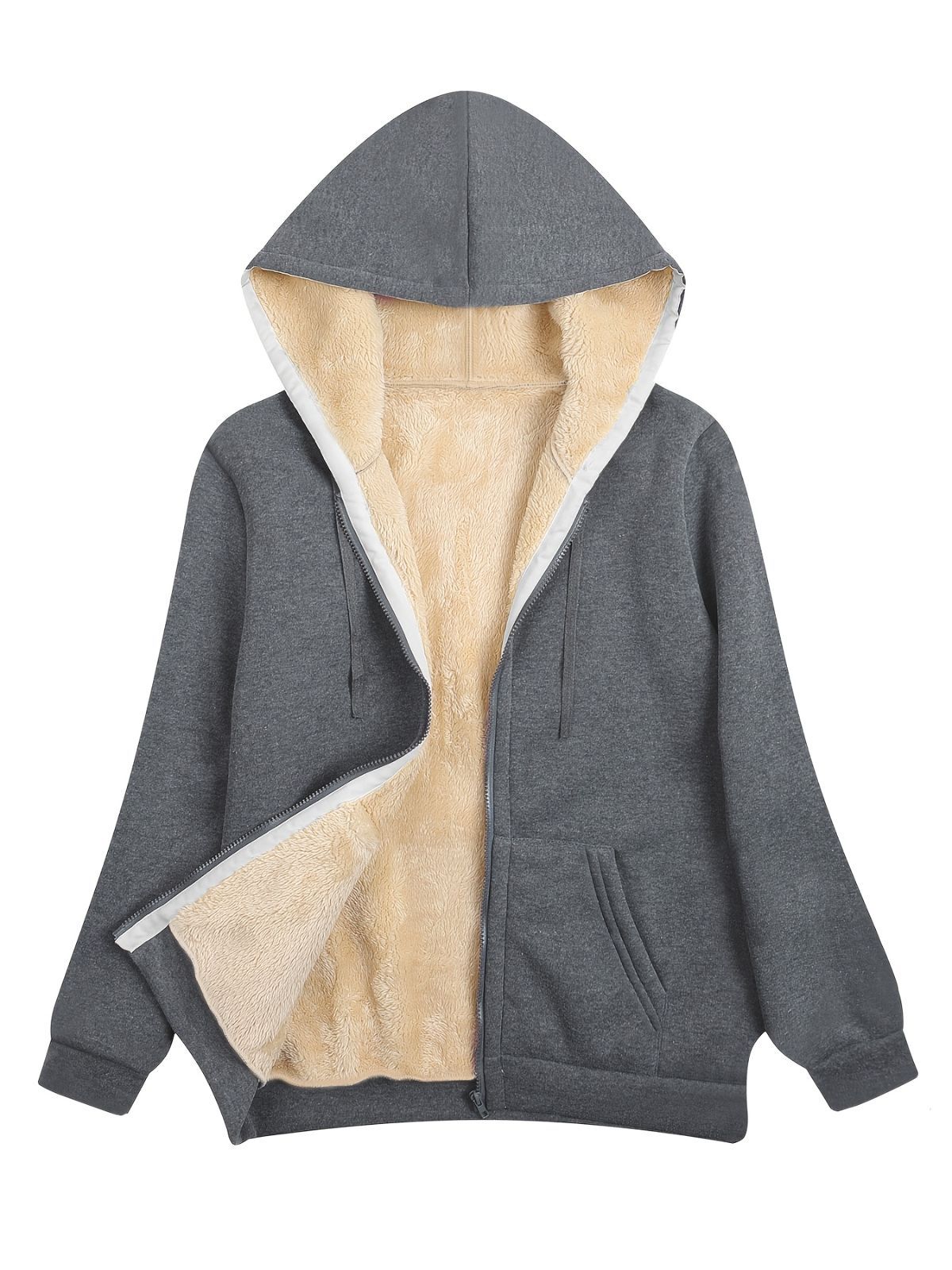Fleece-Lined Hooded Jacket Women'S Winter Jacket Autumn Winter Coat Hooded - Light Gray - Size L(AU L/EU50) - Image 6