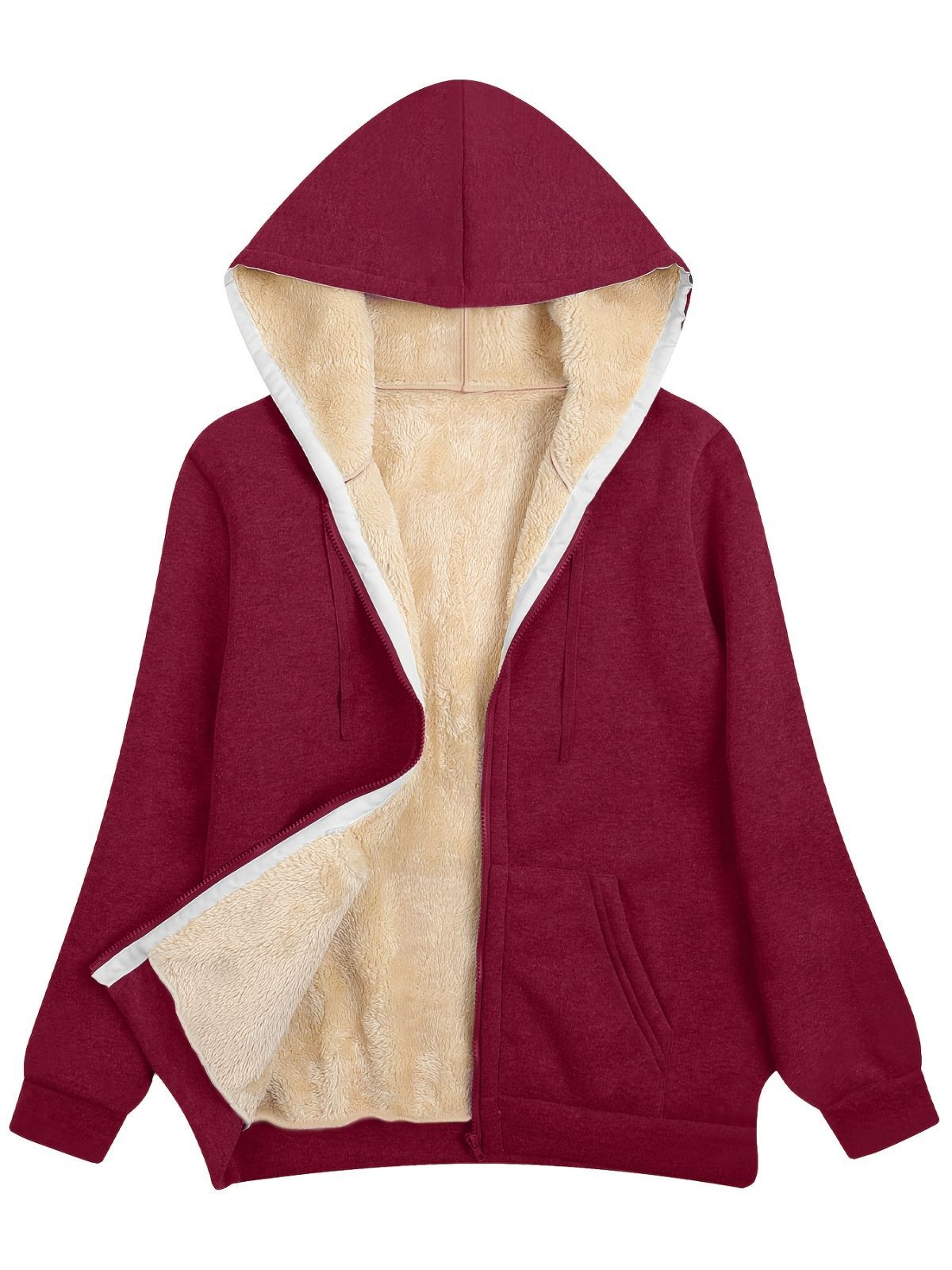 Fleece-Lined Hooded Jacket Women'S Winter Jacket Autumn Winter Coat Hooded - Burgundy - Size XL(AU XL/EU52) - Image 1