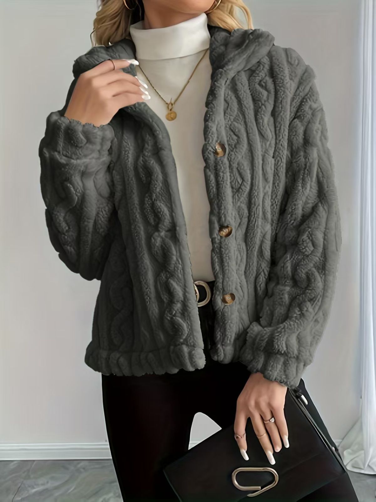 Double-Sided Fleece Coat Turn-Down Collar Button Coat Women'S Winter Outerwear - Pink - Size L(AU L/EU50) - Image 4