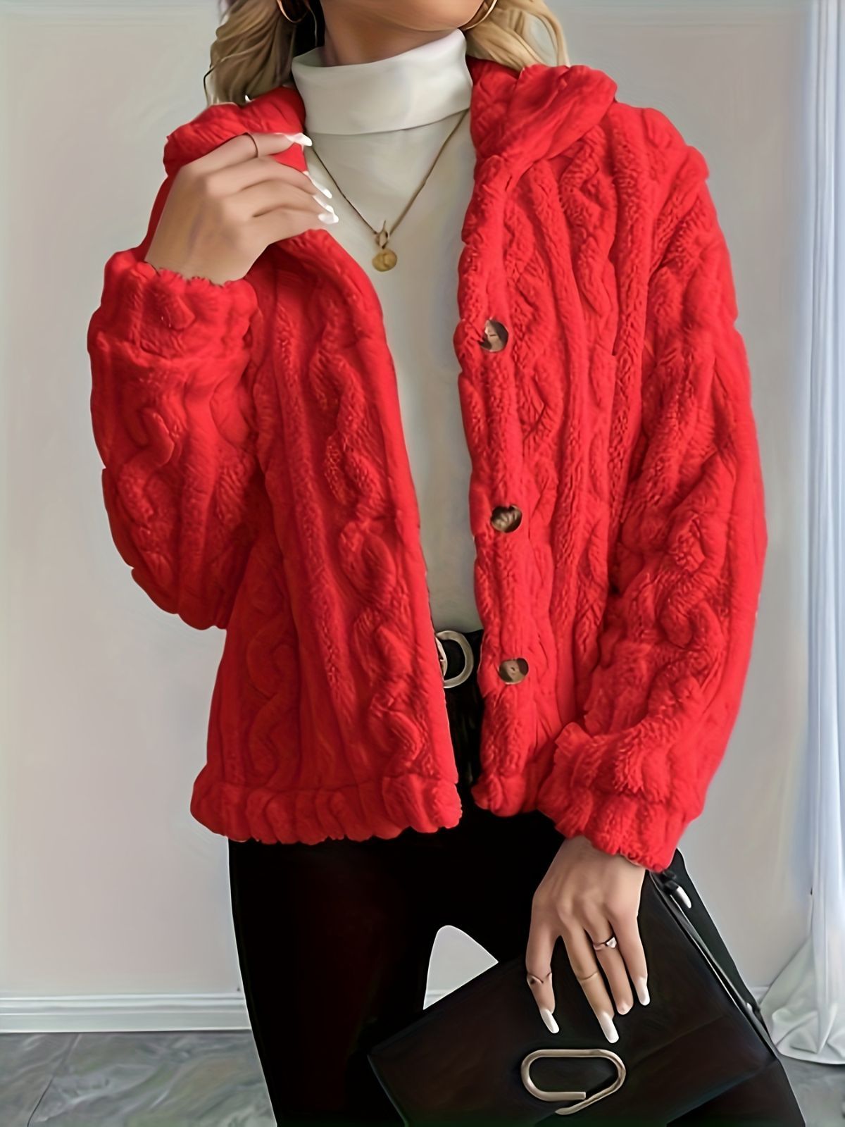 Double-Sided Fleece Coat Turn-Down Collar Button Coat Women'S Winter Outerwear - White - Size XL(AU XL/EU52) - Image 6