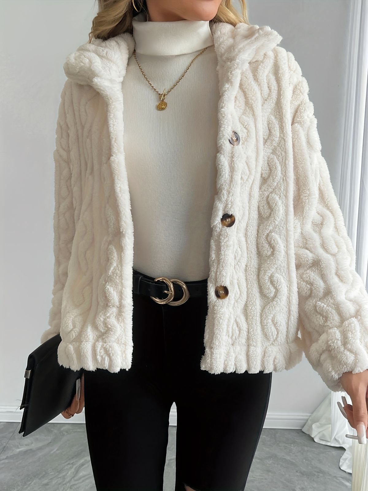 Double-Sided Fleece Coat Turn-Down Collar Button Coat Women'S Winter Outerwear - White - Size XL(AU XL/EU52) - Image 7