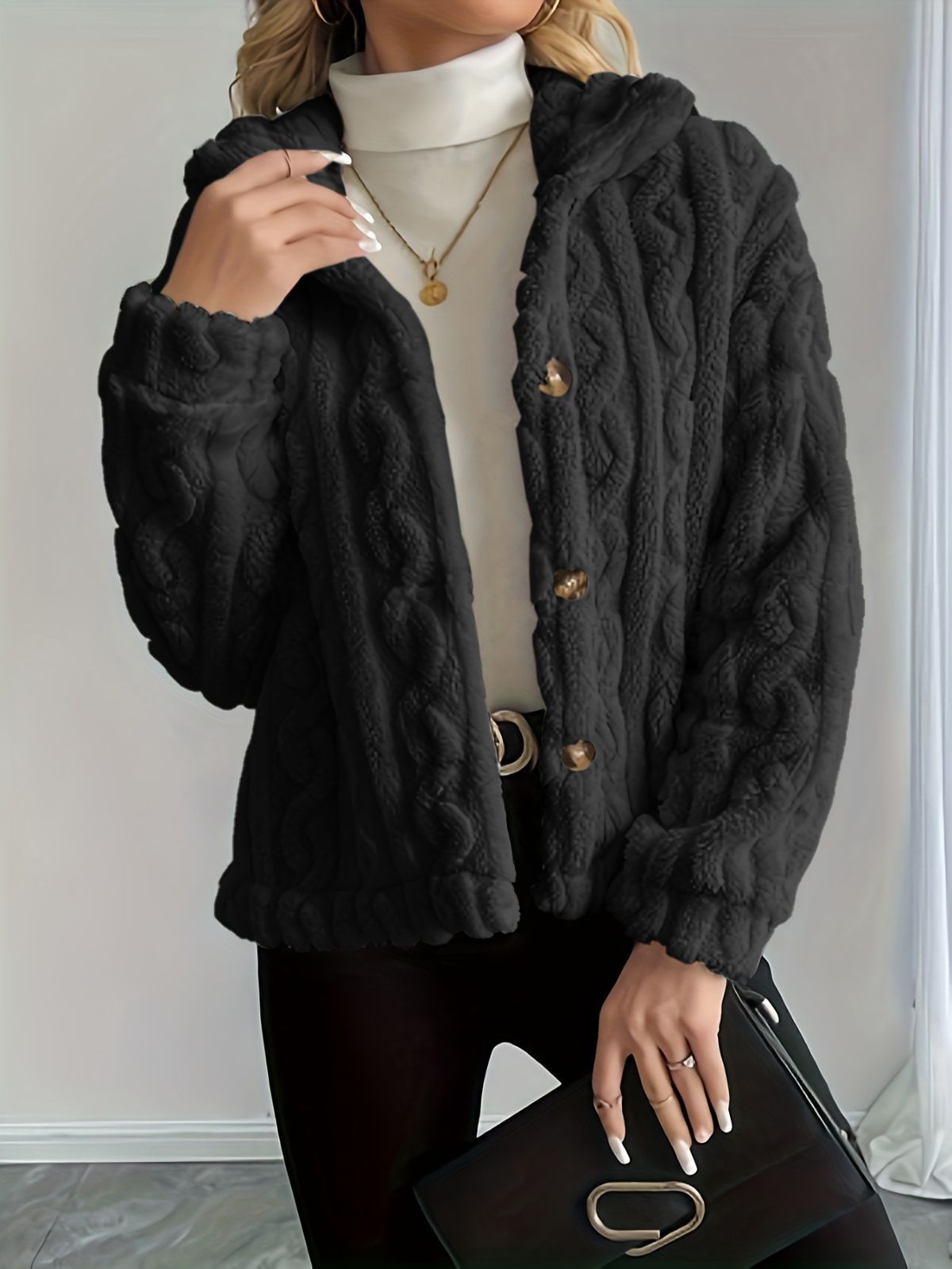Double-Sided Fleece Coat Turn-Down Collar Button Coat Women'S Winter Outerwear - White - Size M(AU M/EU48) - Image 2