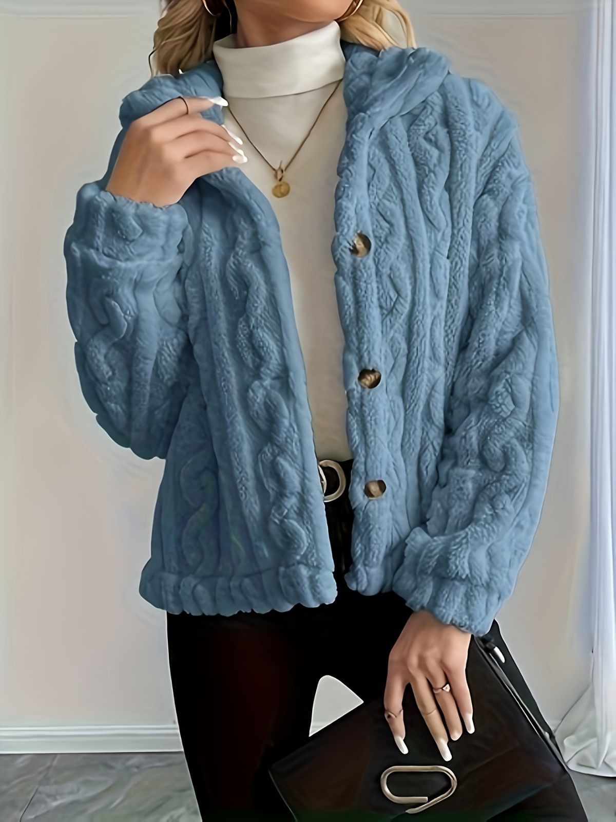 Double-Sided Fleece Coat Turn-Down Collar Button Coat Women'S Winter Outerwear - Dark Gray - Size XL(AU XL/EU52) - Image 5