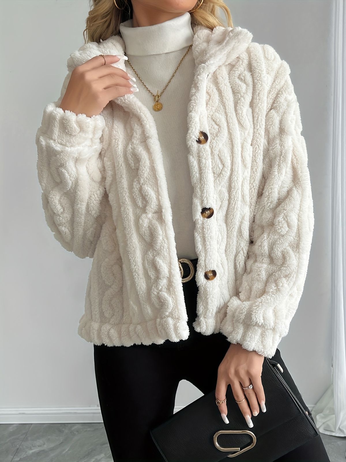 Double-Sided Fleece Coat Turn-Down Collar Button Coat Women'S Winter Outerwear - Black - Size XL(AU XL/EU52) - Image 2