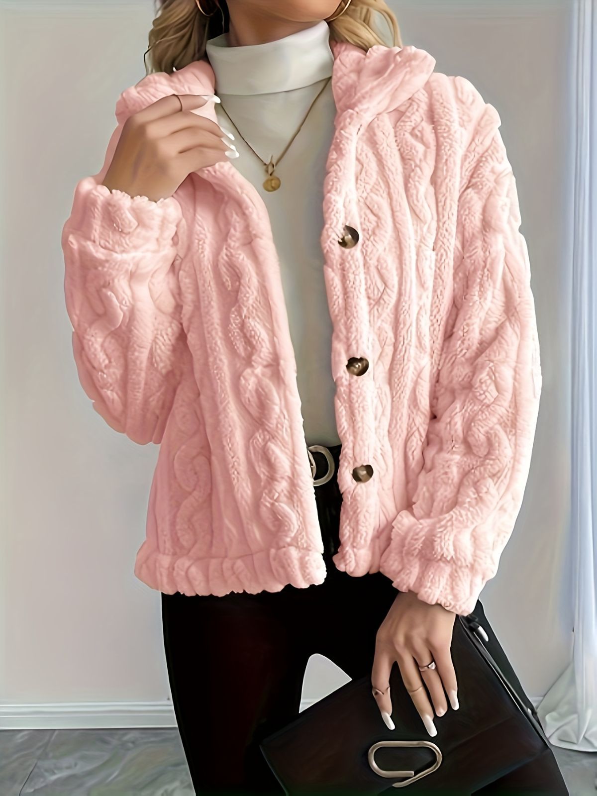 Double-Sided Fleece Coat Turn-Down Collar Button Coat Women'S Winter Outerwear - Black - Size XL(AU XL/EU52) - Image 4