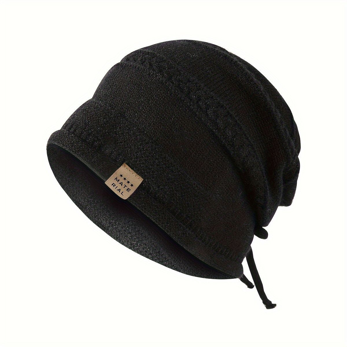 1PCS women's and men's new autumn and winter sheep wool material pure color knitted stackable hat drawstring adjustable cap hoodless hat warm hat cold hat wheat ear embroidery fashionable and versatile model - Black - Size XL(AU XL/EU52) - Image 1