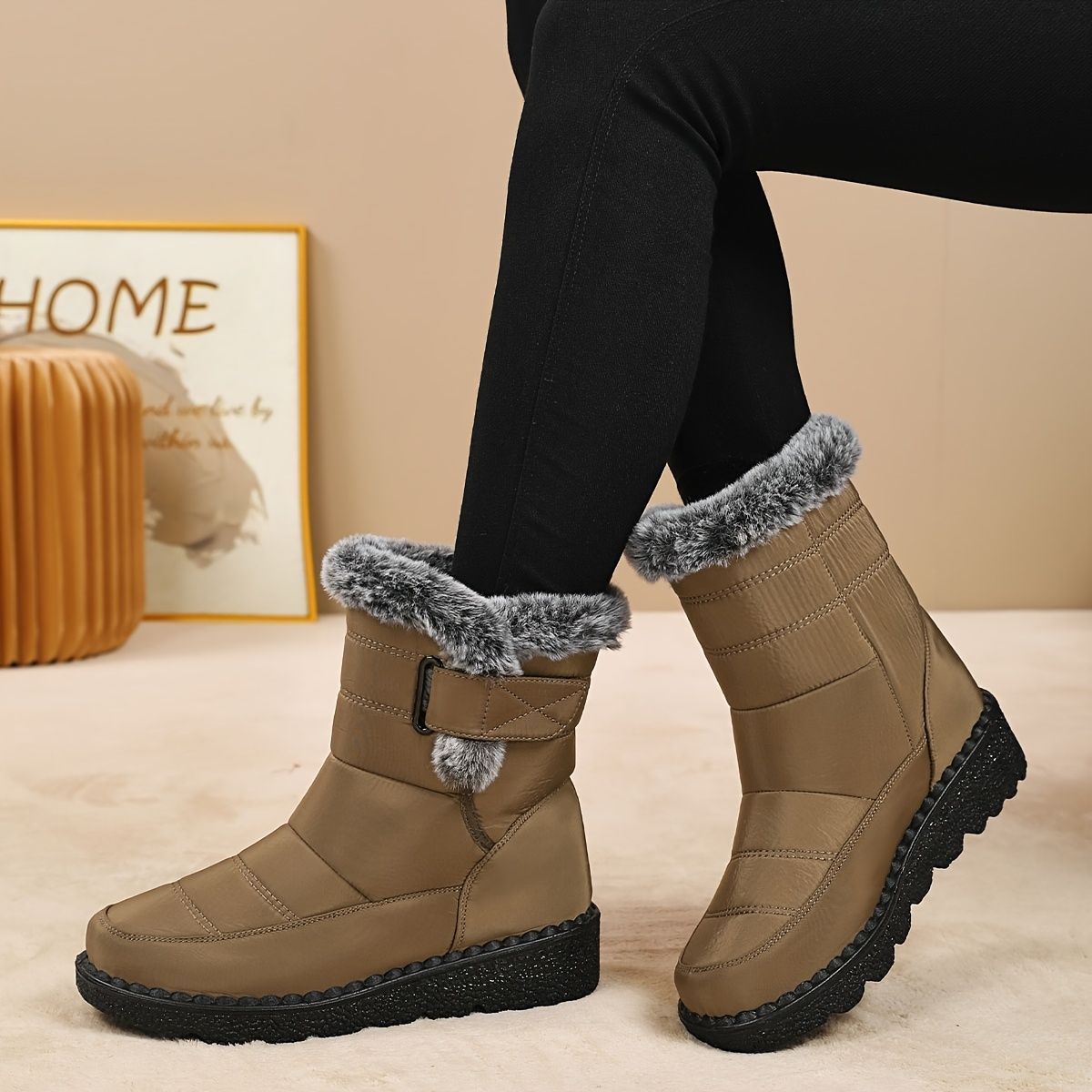Women's Faux-Fur Trimmed Snow Boots - Yellow - Size 8(AU8/EU36) - Image 2