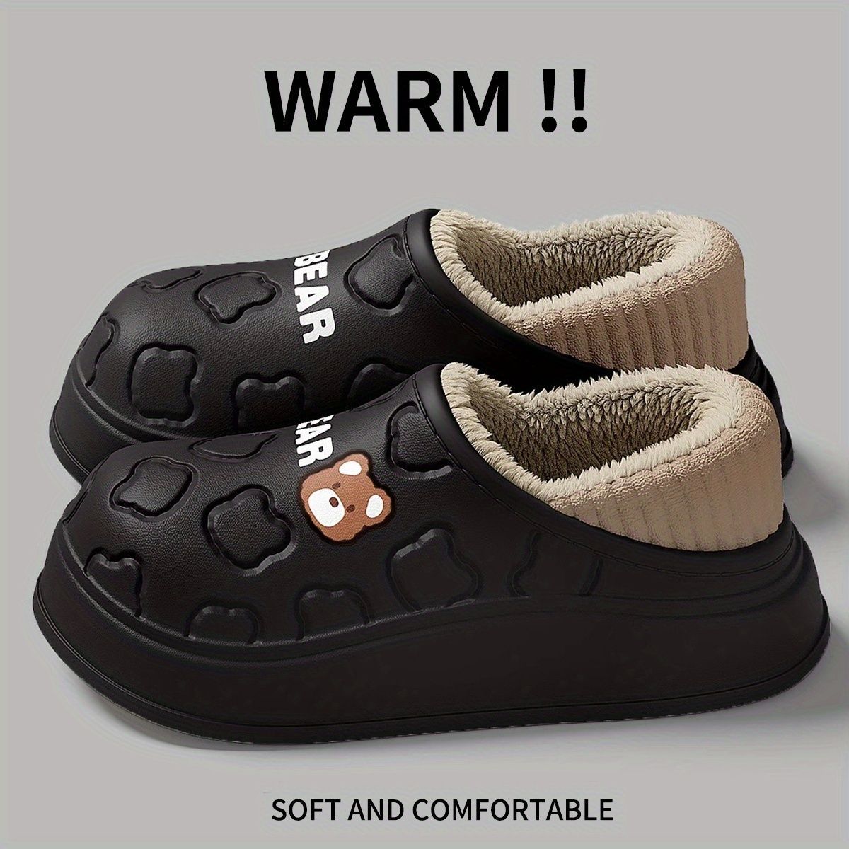 Women's Bear-Patterned Thick Sole Cotton Slippers - Black - Size 9(AU9/EU40) - Image 4