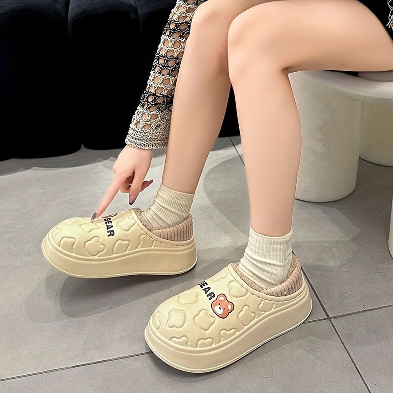 Women's Bear-Patterned Thick Sole Cotton Slippers - White - Size 9(AU9/EU40) - Image 1