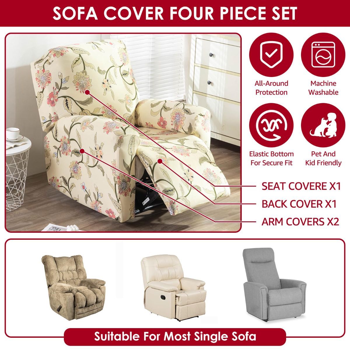 Recliner Cover Anti Scratch Lazy Recliner Chair Cover Protective Stretching Printed Reclining Chair Cover Sofa Slipcovers Convenient Elastic Reclining Chair Slipcover for Home - Sky Blue - Size Three-seater - Image 3