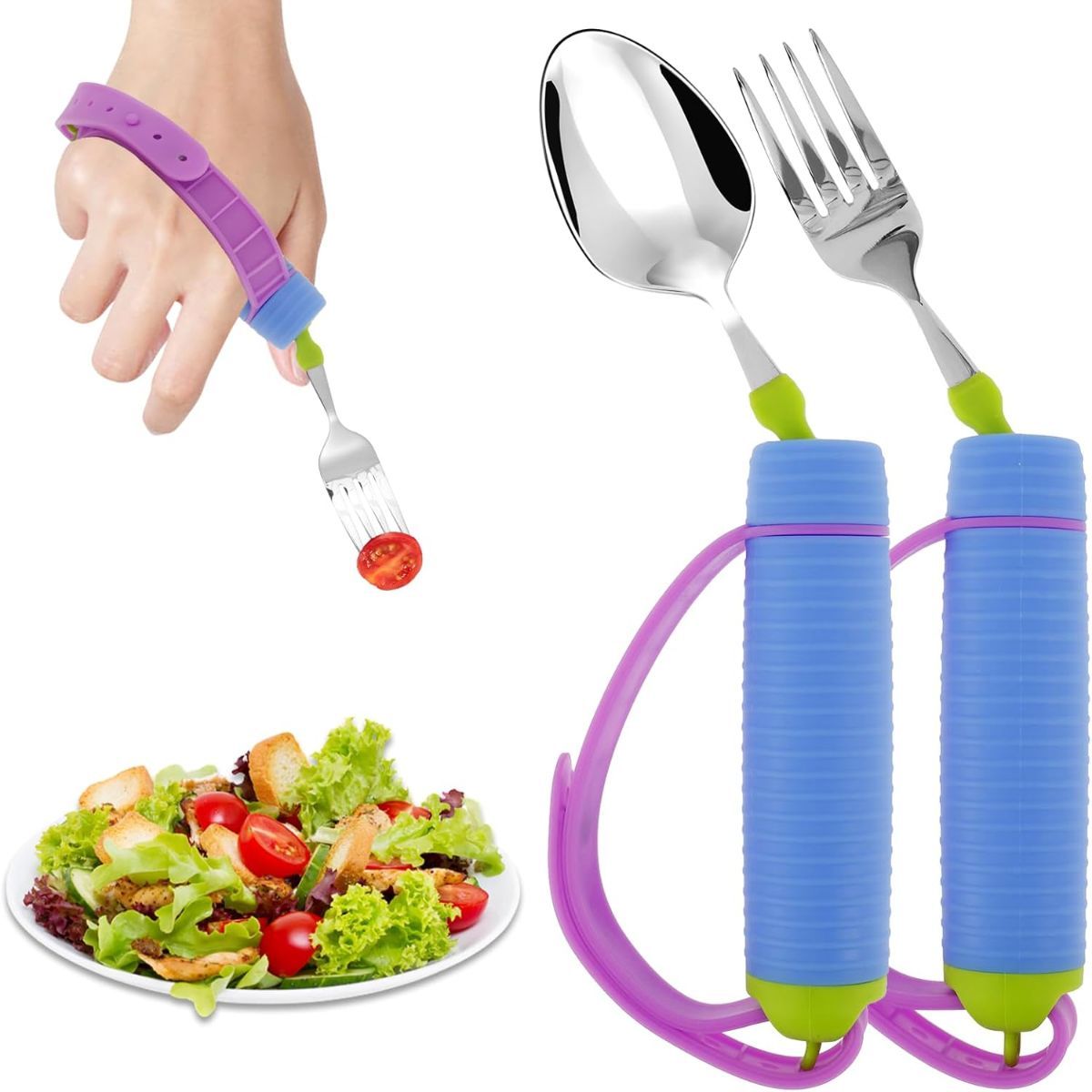 Adaptive Utensils for Disability, 360°Gadgets Swivel Fork Spoon with Adjustable Silicone Strap for Weak Hand Grip & Handicapped & Parkinsons Travel Eating Utensils for Disabled, Elderly - Blue / 2 Pack - Image 1