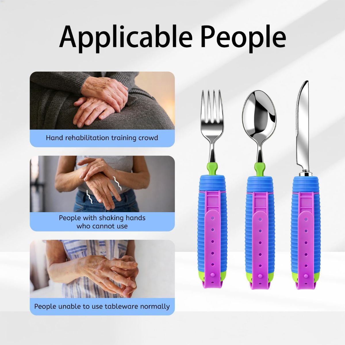 Adaptive Utensils for Disability, 360°Gadgets Swivel Fork Spoon with Adjustable Silicone Strap for Weak Hand Grip & Handicapped & Parkinsons Travel Eating Utensils for Disabled, Elderly - Blue / 2 Pack - Image 3