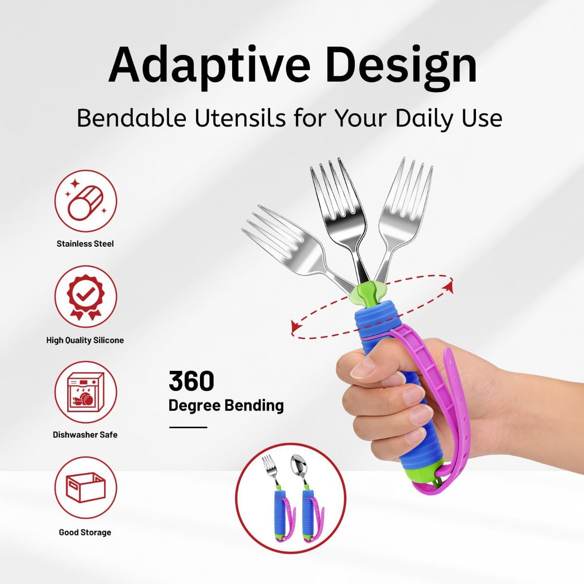 Adaptive Utensils for Disability, 360°Gadgets Swivel Fork Spoon with Adjustable Silicone Strap for Weak Hand Grip & Handicapped & Parkinsons Travel Eating Utensils for Disabled, Elderly - Blue / 2 Pack - Image 5